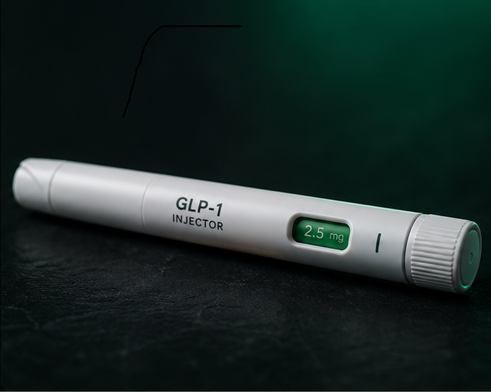 Clinical white GLP-1 injector pen with a green dose window on a dark slate background