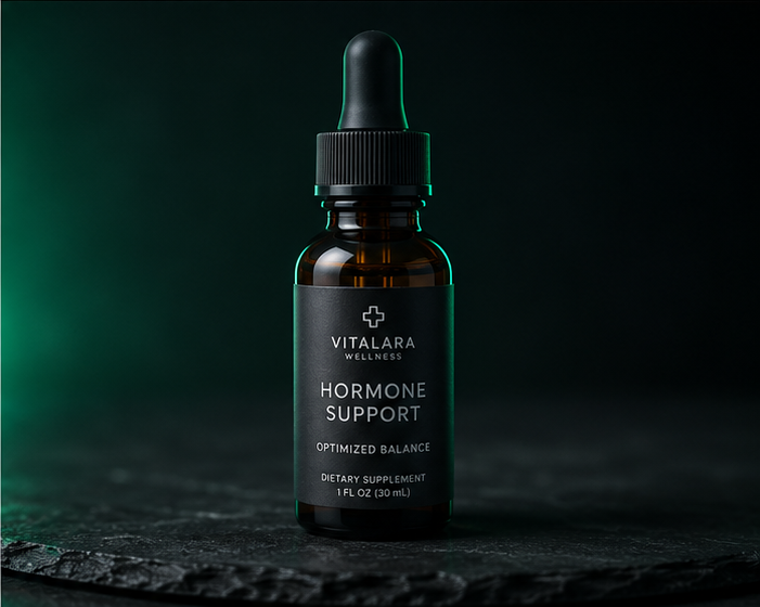 Amber hormone dropper bottle with a black pipette bulb on a dark slate background