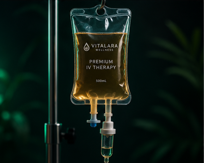 Clinical IV bag with warm amber liquid and a drip line on a dark slate background